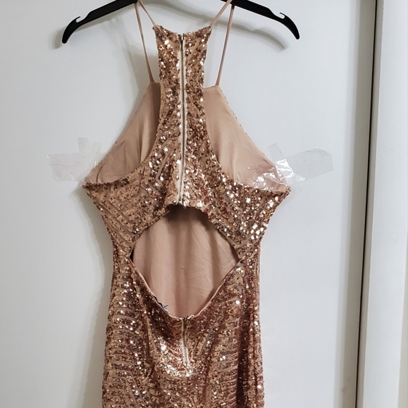 Golden Champagne Sequined Glitter Cutout Evening Mini Dress 👗 - Picture 9 of 15